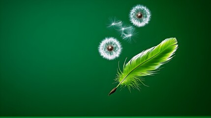 Green feather, dandelion seeds, dark background, eco concept