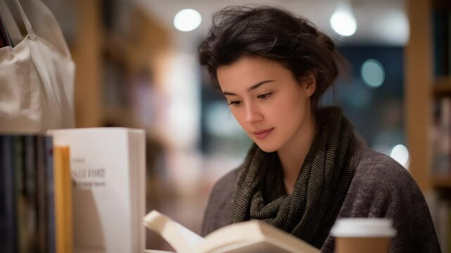 "Learn proper bookstore browsing etiquette as a customer reshelves a book while holding a coffee."