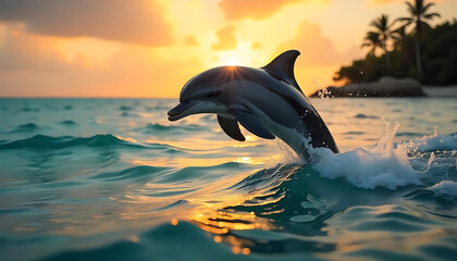 Fototapeta premium 3d dolphin jumping out of water, a dolphin leaping out of the water at sunset near a tropical beach, capturing a vibrant and lively ocean