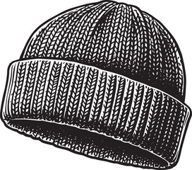 Black and white illustration of a knitted winter hat isolated on