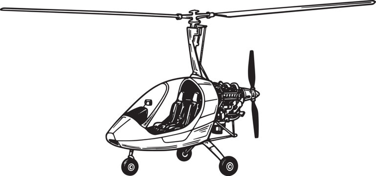 Detailed black and white illustration of an autogyro with rotors