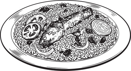 Illustration of a Delicious Plate of Rice with Fish, Tomatoes an