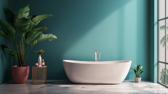Modern bathroom interior with white ceramic sink and indoor plant for clean design spa concept