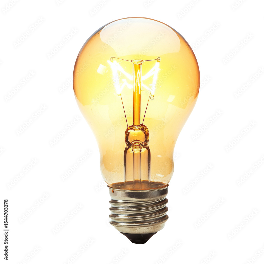 Poster glowing light bulb with warm amber hue, showcasing its filament design and glass structure, perfect 