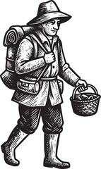 Obraz premium Vintage Illustration of a Hiker Carrying a Backpack and a Basket