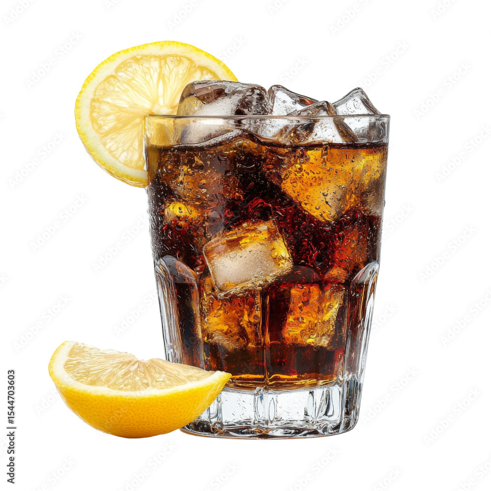 Poster refreshing drink with ice and lemon slice