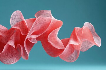 Wavy red mesh fabric flowing on turquoise background