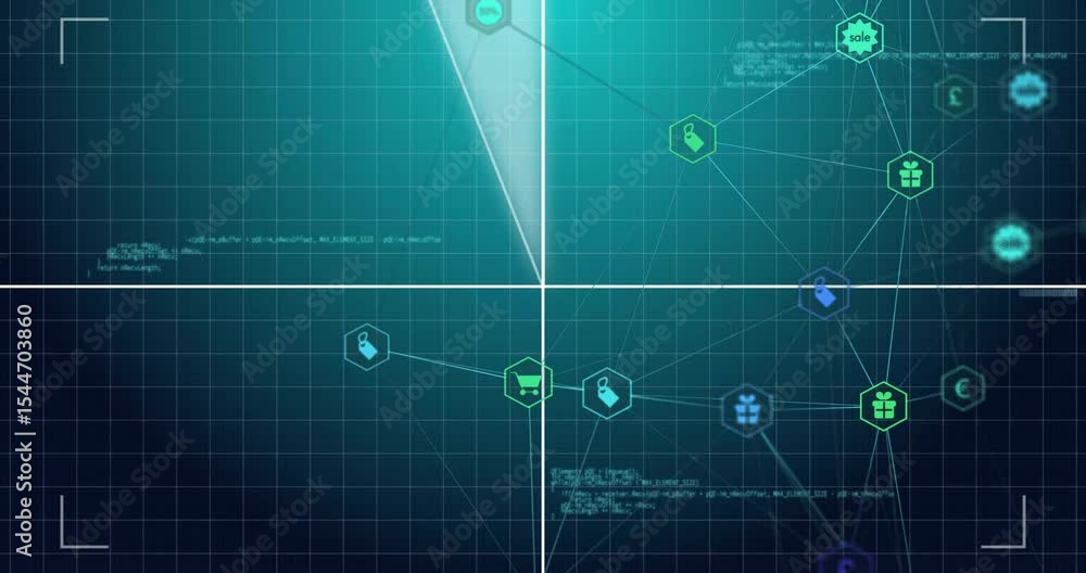 Poster emerging pointer rotating clockwise around hud circle lighting nodes linking hexagons for tracking
