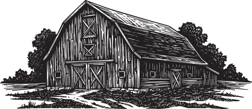 Black and white illustration of an old barn in a rural countrysi