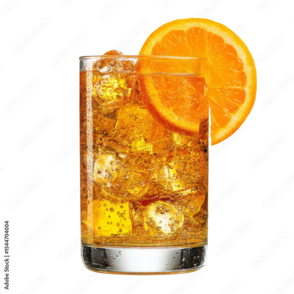 Poster refreshing orange soda with ice and slice of orange, perfect for summer. enjoy fizzy bubbles and vib