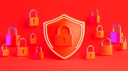 Red shield, padlocks, security, digital, protection, background, 3D render, concept