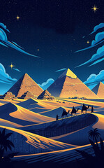 Egyptian Adventure. Great Pyramids and camels under starry desert sky.