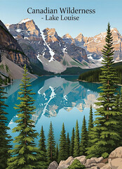 Canadian Wilderness. Lake Louise, iIllustration for travel postcard, wallpaper, posters, nature landscape background