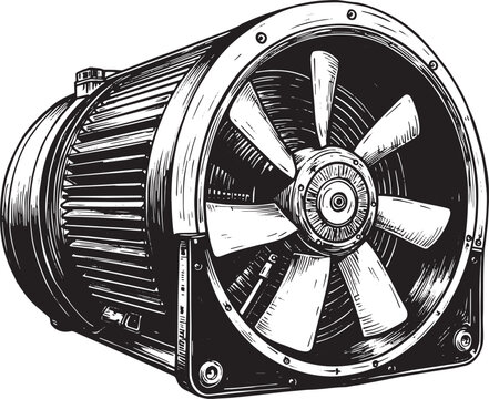 Detailed black and white illustration of a industrial axial fan