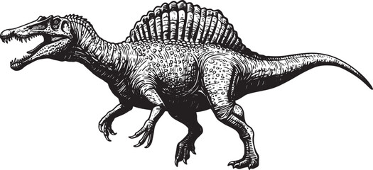 Fototapeta premium Detailed black and white illustration of a Spinosaurus dinosaur