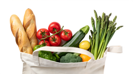 Fresh groceries in a reusable bag with vegetables and bread ready for a healthy meal prep