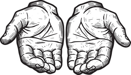 Detailed black and white illustration of two hands cupped open f