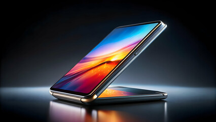 Levitating foldable phone half-open on black gradient backdrop