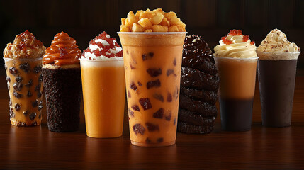 Array of decadent dessert drinks with toppings on a dark wooden
