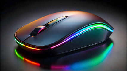 Floating wireless mouse with rgb lights on matte black background