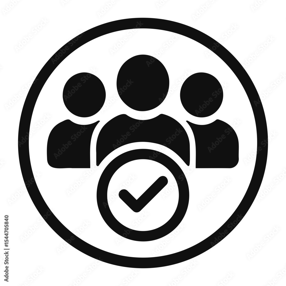 Poster black circle containing a group of people icons with a check mark inside another circle below them o