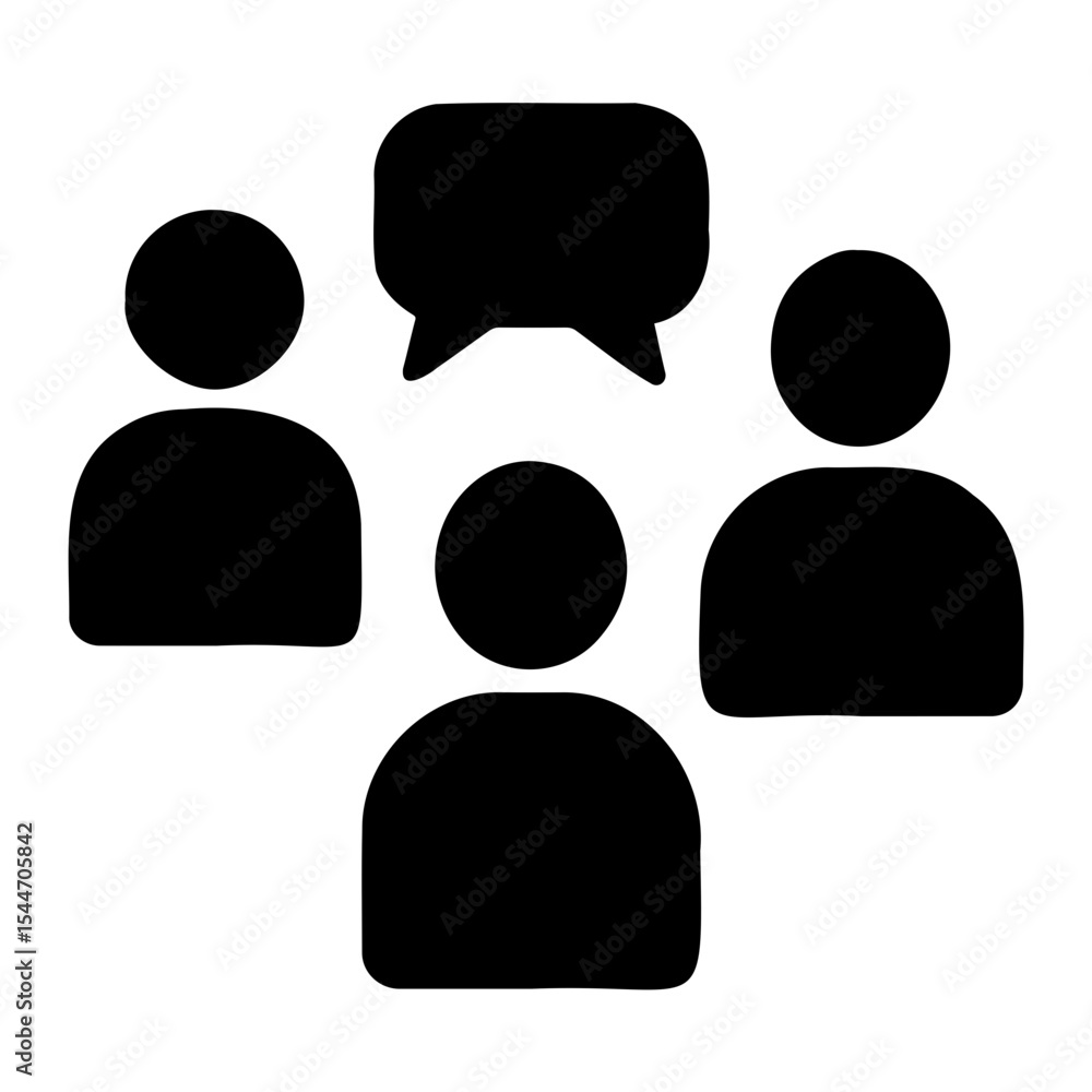 Poster illustration of three people with a speech bubble above them representing communication and discussi