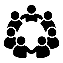 Illustration of a group of eight stylized black figures standing in a circle holding hands on transparent background