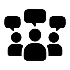 Three people with speech bubbles above their heads in black silhouette representing communication idea on transparent background