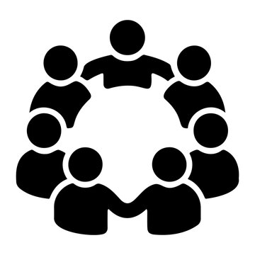 Illustration of a group of eight stylized black figures standing in a circle holding hands on transparent background
