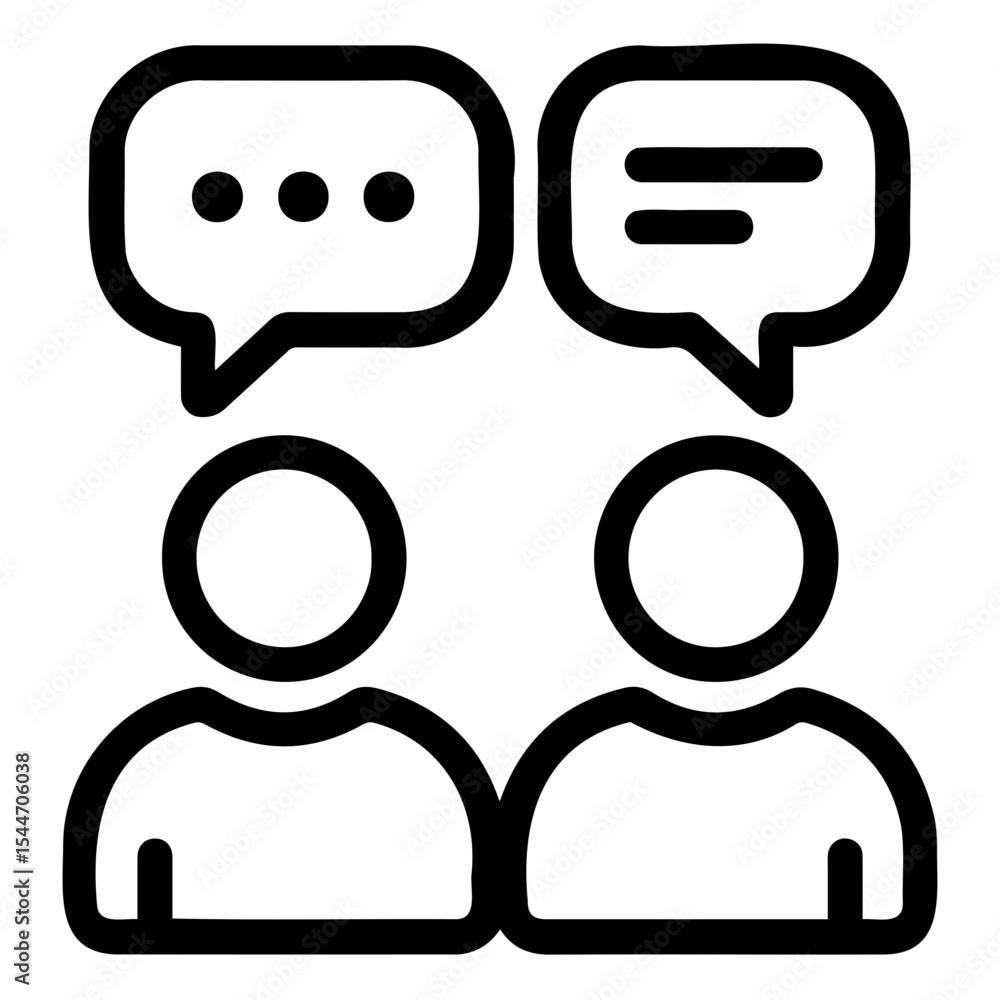 Poster two stylized figures with speech bubbles above their heads suggesting communication or dialogue taki