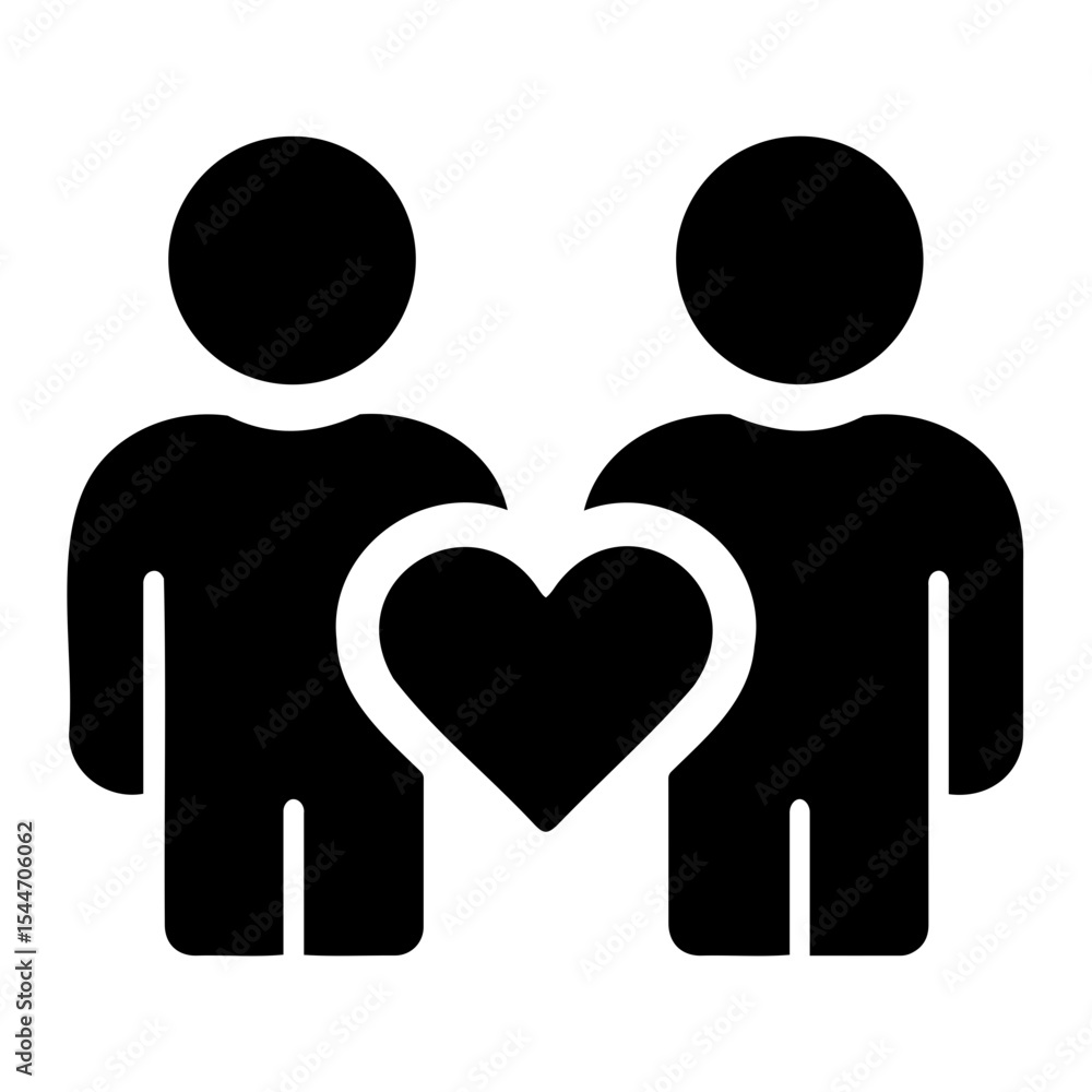 Poster two stylized figures stand side by side with a heart shape between them in black and white design on
