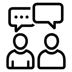 Two minimalist figures engaged in conversation with speech bubbles above their heads in black outline on transparent background