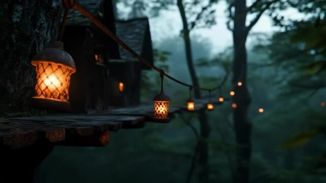 Rustic lantern and string lights illuminating dark misty forest at dusk. Cozy outdoor lighting for garden party, camping and fairy tale mood. Mystical nature decoration concept