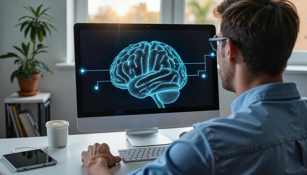 Man analyzing digital brain visualization on computer screen in office  