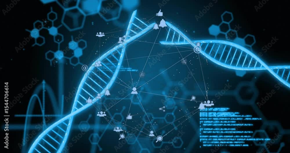 Poster rotating blue dna helix activating network nodes and sliding code showcasing digital connectivity