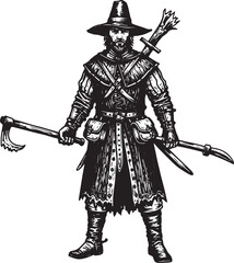 Fototapeta premium Detailed black and white illustration of a medieval warrior with