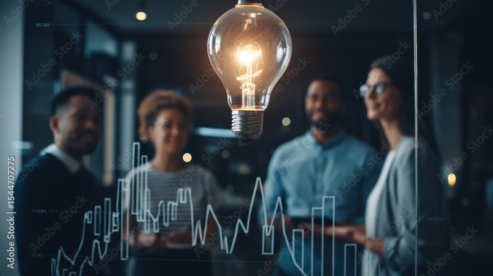 Poster a glowing light bulb floats in the foreground as four business professionals discuss ideas behind a 