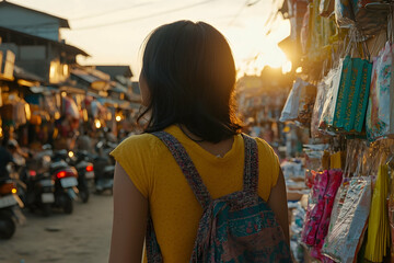 Obraz premium Woman with backpack gazes at bustling market street during golde