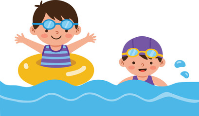 Cartoon Children Swimming in Pool Illustration