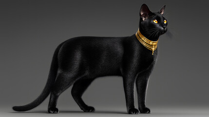 A luxurious black cat stands elegantly with smooth fur and confident gaze, embodying mystery and grace. This digital cat art captures the refined beauty of a black cat.