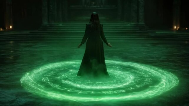 Dark silhouette in mysterious green magic circle at night. Fantasy mystical ritual scene with glowing neon spell portal effect in ancient temple. Halloween horror concept