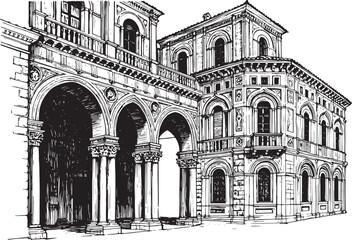 Detailed architectural line drawing of a historic Italian Renais