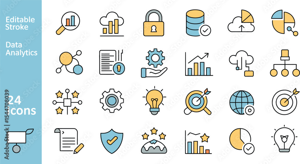Poster collection of data analytics icons in line art style