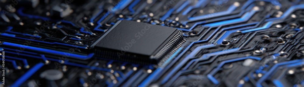 Poster a close-up of a black microchip mounted on a blue and black circuit board with intricate electrical 