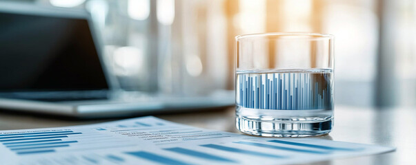 Clear glass of water with digital bar chart overlay desk with financial documents and laptop soft sunlight creating focused