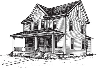 Illustration of a charming two-story house with a porch and deta