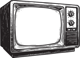 Vintage television illustration in black and white, retro techno