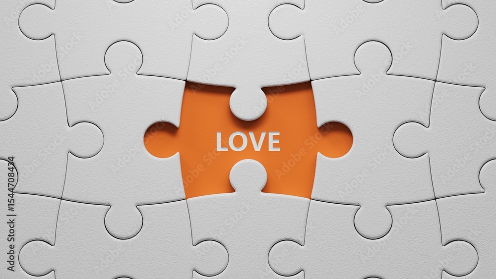 Poster love.the white puzzle pieces with missing pieces spelling.flat lay view from above on the white puzz