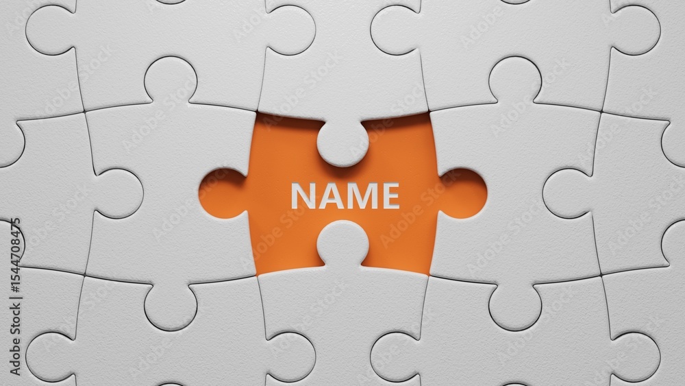 Poster concept word name on the white puzzle pieces with missing pieces.close up of the white puzzle pieces