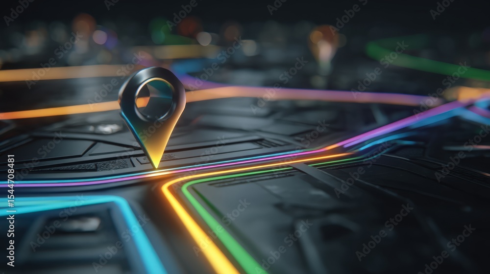 Poster a glowing digital map displays colorful neon routes with a prominent location pin marking a specific